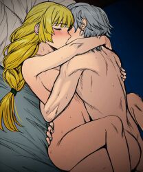 1boy 1girls 2d ai_generated ambiguous_penetration ashe_ubert ass bed blonde_hair blush breasts closed_eyes completely_nude embrace female female_human fire_emblem fire_emblem:_three_houses freckles happy_sex hug human human_female human_male human_only ingrid_brandl_galatea kissing kissing_while_penetrated light-skinned_female light-skinned_male light_skin male medium_breasts missionary_position nintendo on_back on_bed penetration sex source_request sweat talenvorn unseen_face unseen_male_face white_hair