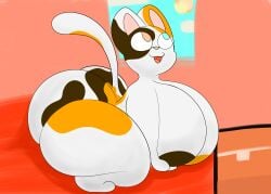 absurd_res all_fours alpog21_(artist) ass bed big_breasts big_butt breasts busty_feral calico_cat cloud domestic_cat ears_up felid feline felis female feral furniture happy hi_res looking_up mammal microsoft minecraft mojang on_bed open_mouth raised_tail red_bed red_bed_sheet sitting sitting_on_bed solo sun tail thick_thighs window xbox_game_studios