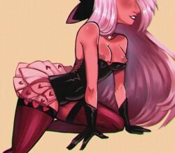 breasts clothed clothing deniellelev female female_only hazbin_hotel nipples open_mouth open_smile partially_clothed simple_background smile teeth thick_thighs vaggie_(hazbin_hotel) white_hair