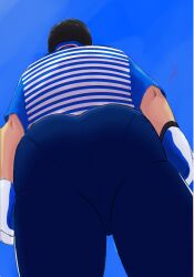 1boy 2014 2ppy_bb ass ass_focus big_ass black_hair clothed delivery_employee fully_clothed gay low-angle_view male male_only no_visible_face original sagawa_express solo visible_underwear worm's-eye_view yaoi