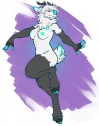 2013 anthro antlers big_breasts biped blue_nose breasts casual_nudity chest_tuft closed_eyes deer female fur hi_res hoot_(artist) hooves horn mammal navel nipples nosivi nude pose short_hair solo standing tuft white_body white_fur white_hair