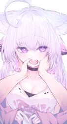 :o absurdres ahoge animal_ears black_choker black_undershirt breasts cat_ears cat_girl choker cleavage colored_tips female hair_between_eyes hand_on_another's_face highres indie_virtual_youtuber jacket large_breasts long_hair looking_to_the_side multicolored_hair open_mouth pink_jacket purple_eyes reizouko shirt shiyuonline simple_background white_background white_hair white_shirt