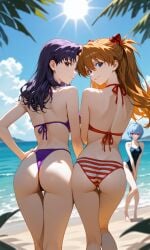 3girls ai_generated anime ass ass asuka_langley_sohryu bathing_suit beach behind_view blue_hair female from_behind looking_back misato_katsuragi multiple_girls navel neon_genesis_evangelion posing purple_hair red_hair rei_ayanami sand sun swimsuit