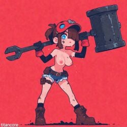 (titancore) ai_generated big_breasts blue_eyes breasts brown_hair chibi dirty female fortnite girl naked naked_female nipples short_shorts single_girl sweat the_machinist_(fortnite) video_game_character