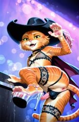 1boy ai_generated anus balls balls_in_panties cape choker crossdressing dreamworks feet feet_focus feline femboy green_sclera hat high_heels lingerie lingerie_bra male orange_fur pawpads paws penis platform_heels puss puss_in_boots_(dreamworks) puss_in_boots_the_last_wish striped_fur thigh_strap thong viewed_from_below