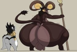 2_horns absurd_res anthro ass backsack balls ballsack bellyboi13 big_balls big_butt big_penis bovid brown_body brown_fur caprine crouching dragon duo elden_ring_nightreign emanata femboy fromsoftware fur genitals goat grey_background hi_res holding_object holding_staff horn huge_butt hyper hyper_butt larger_male libra_creature_of_night looking_back male male/male mammal monster mythological_creature mythological_scalie mythology nude penis question_mark scalie simple_background size_difference staff tail yellow_eyes