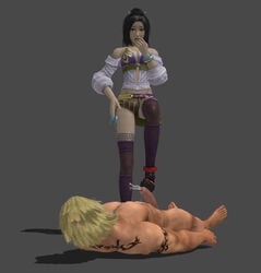 1boy 1girls 3d black_eyes black_hair blonde_hair cfnm clothed clothed_female_nude_male cum cumshot ejaculation erection female final_fantasy final_fantasy_xiii final_fantasy_xiii-2 footjob human lebreau male nude penis snow_villiers straight tattoo uncensored xnalara