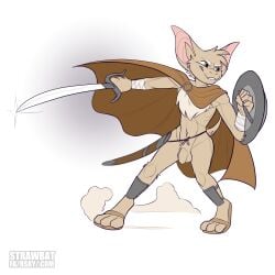 anthro arm_wraps armor balls bat bat_ears bat_tail belt chest_tuft cloak cloak_only clothing desert_bat digital_media_(artwork) fur genitals green_eyes hi_res holding_object holding_weapon humanoid_genitalia humanoid_penis leg_armor male mammal melee_weapon mostly_nude mostly_nude_anthro mostly_nude_male penis scabbard shield simple_background smile solo standing strawbat sword tail tan_body tan_fur teeth tuft turo_of_akesh weapon wingless_bat wraps