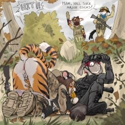 1:1 absurd_res airsoft_gun alex_marx anthro anus ass assertive_female ball_tuft balls blush bottomwear bottomwear_down bovid brown_hair camo camo_bottomwear camo_clothing camo_pants camo_print camo_topwear canid canine caprine clothed clothed_sex clothing dialogue duo english_text eyewear eyewear_on_head fangs felid fellatio female female_penetrated fur genitals goat goggles goggles_on_head grey_body grey_fur gun hair handgun hi_res insult kapri male male/female male_penetrating male_penetrating_female mammal masturbation oral orange_body orange_fur outside pantherine pants pants_down partially_clothed pattern_bottomwear pattern_clothing pattern_pants pattern_topwear penetration penile penis penis_poking_out pistol public public_sex ranged_weapon red_hair sex shotgun stealth_sex story story_at_source story_in_description striped_body striped_fur stripes teeth text tiger tomboy topwear tuft underwear underwear_down vaginal_masturbation vaginal_penetration vulva weapon white_balls yellow_penis zylanos_(zylanosz)