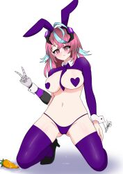 big_ass big_breasts black_socks blue_hair breasts brown_hair bunny_tail bunnysuit carrot elmashoarts embarrassed emikukis female purple_heart_pasties purple_panties purple_socks pussy pussy_juice pussy_juice_drip rabbit_ears red_eyes vaginal_object_insertion