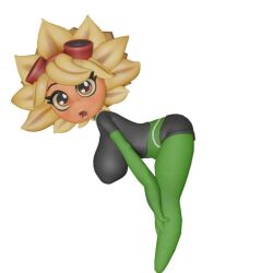 3d breasts female goggles goggles_on_head green_skin hair_between_eyes hotpants humanized large_breasts light_blush orange_eyes petals plant_girl plants_vs_zombies short_hair solar_flare_(pvz) t-shirt
