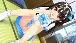 adachi_tenka black_hair blue_bow blue_skirt bobby_socks bow censored collarbone cum cum_on_body cum_on_clothes cum_on_hair cum_on_legs dutch_angle facial female flat_chest game_cg hairbow highres indoors knees_up long_hair miniskirt mosaic_censoring no_shoes non-web_source nonohara_miki one_side_up open_mouth panties pink_panties pleated_skirt red_eyes sailor_collar sailor_shirt shirt shirt_bow short_sleeves shoujo_ramune sitting skirt socks solo tatami teeth underwear upper_teeth white_sailor_collar white_socks