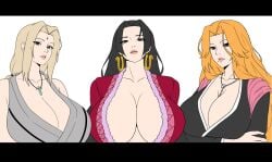 3girls big_breasts black_hair bleach bleach:_the_thousand-year_blood_war blonde_hair boa_hancock breasts cleavage crossover earrings female female_only huge_breasts jewelry long_hair looking_at_viewer matsumoto_rangiku mole multiple_girls naruto naruto_(series) naruto_shippuden necklace one_piece orange_hair tagme tsunade tsunade_(naruto) zinfian