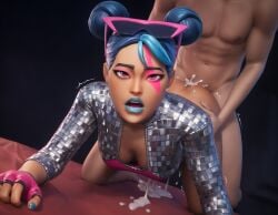 1boy 1girls 3d ai_assisted ai_generated athletic athletic_female bed bedroom blue_hair blue_lipstick breasts cum cum_in_mouth cum_inside cum_on_face cumshot disco_ball doggy_style eyewear_on_head fellatio female fortnite human interracial light-skinned_male light_skin lipstick male moaning nipples nude_male_clothed_female penis pink_eyes saliva sparkle_diva straight swallowing tongue tongue_out