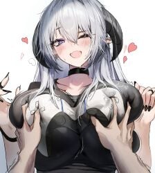 black_nails blush breast_grab breasts breasts_bigger_than_head controller controller_shirt dotthebot double_breast_grab fangs female female_focus game_controller game_controller_print heart horns huge_breasts large_breasts massive_breasts pleasure_face purple_eyes shirt tagme valenia_(dotthebot) white_hair