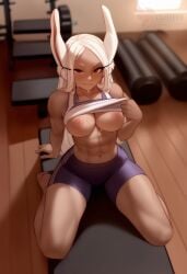 1girls 2d abs ai_generated areolae ass big_ass big_breasts boku_no_hero_academia breasts cleavage dark-skinned_female dark_skin erophoenix female female_focus full_body gym looking_at_viewer mirko miruko muscle muscular_female my_hero_academia navel nipples patreon_username solo solo_female sports_bra thick thick_thighs toned uncensored