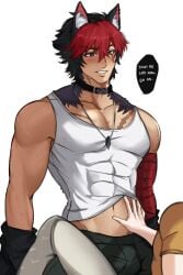 2boys 2d abs ajihneko dog_ears english furry_ears furry_with_non-furry gay highres komano_manato male male_focus male_only muscular muscular_male thiren toned toned_male toned_stomach wise_(zenless_zone_zero) yaoi zenless_zone_zero