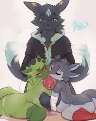 2025 5_fingers absurd_res anthro artist_name ass avali balls bodily_fluids closed_eyes closed_smile clothing cum erection femboy fingers fur fur_markings generation_9_pokemon genital_fluids genitals green_body green_fur green_hair grey_body grey_fur grey_hair group hair hand_on_head heart_symbol hi_res hoodie hug hugging_another hugging_balls hugging_penis inflation jacket knot knotted_penis leaking_cum leaking_precum looking_at_viewer male male/male markings mouth_closed narrowed_eyes neoxyden nintendo nude nude_anthro nude_male penis pokemon pokemon_(species) precum red_eyes reqces_(freespirit59) rupira_(avali) simple_background smile sprigatito standing tail tail_motion tailwag tess_(neoxyden) text topwear trans_(lore) trans_woman_(lore) trio white_background