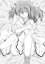 1girls azumi bed black_hair clothed female female_only flat_chest kuroki_tomoko kuroki_tomoko looking_at_viewer on_back on_bed pov skirt sports_bra undressing upskirt watashi_ga_motenai_no_wa_dou_kangaetemo_omaera_ga_warui!
