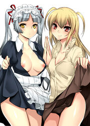 1boy 1girls blonde_hair blouse blue_hair breasts cleavage collared_dress crossdressing dress dress_lift female femboy flat_chest girly hair_ribbon hairband holding_hands long_hair maid makuro male maria_holic medium_breasts mole nipples no_bra open_clothes red_eyes ribbon shidou_mariya shinouji_matsurika shirt skirt skirt_lift thighs tied_hair trap twintails yellow_eyes