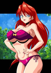 1girls 2004 bikini breasts curvaceous curvy erect_nipples eyeshadow female female_only fushigi_no_umi_no_nadia gainax grandis_granva hands_on_hips human large_breasts light-skinned_female light_skin lipstick long_hair makeup nail_polish ouki_rou pointy_chin posing red_hair side-tie_bikini solo swimsuit