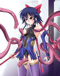 blue_hair blush boots bow breasts clothing consensual_tentacles detached_sleeves highres kagano_ai mahou_shoujo_ai medium_breasts polearm red_eyes ribbon short_hair spear stockings sweat tentacle thigh_boots thighhighs torn_clothes weapon