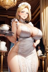 1girls 2023 ai_generated ai_hands annie_leonhardt apron attack_on_titan blonde_hair blue_eyes cleavage clothed_female female_focus female_only huge_breasts maid maid_collar maid_headdress mansion mouth_open serving_tray short_hair stable_diffusion voluptuous voluptuous_female