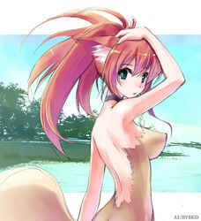 1girls animal_ears breasts choker female female_only fox fox_ears fox_tail green_eyes looking_back nude original red_hair tail won won_(az_hybrid)