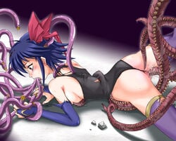 1girls blue_hair blush boots bow censored clothing cum detached_sleeves fellatio forced_oral kagano_ai mahou_shoujo_ai medium_breasts oral penis rape red_eyes ribbon short_hair stockings tentacle tentacle_rape thigh_boots thighhighs torn_clothes two vaginal_penetration zettai_ryouiki