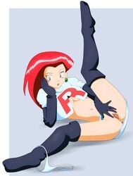 blue_eyes breasts cleavage elbow_gloves female female_only gif gloves human human_only jessie_(pokemon) lipstick long_hair panties panties_around_one_leg pokemon pokemon_(anime) pussy red_hair solo spread_legs static_gif tapdon team_rocket thighhighs thong uncensored underwear white_panties