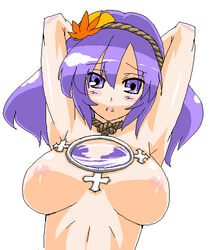 blush breasts hairband kanako_yasaka mirror nipples oekaki purple_eyes purple_hair short_hair touhou tro