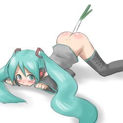 aaaa aqua_eyes aqua_hair artist_request bent_over blush bottomless detached_sleeves green_eyes green_hair hatsune_miku headphones high_resolution insertion long_hair negi_suppository produce produce_dildo produce_in_ass produce_insertion simple_background solo spring_onion thighhighs tied_hair top-down_bottom-up twintails vegetable vegetable_dildo vegetable_in_ass very_long_hair vocaloid white_background