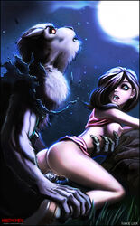 1boy 1girls anthro artist_request breasts breasts_out canine clothing drooling erect_penis exposed_breasts female from_behind happy happy_sex highres human koekie_loer larger_male male male_focus medium_breasts moon night nipples no_panties penetration penis pussy saliva shirt_lift size_difference smaller_female straight torn_clothing transformation transformed uncensored vaginal_penetration werewolf wolf