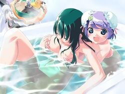 3girls age_difference ai_(popotan) bath bathtub blue_hair blush breasts bun_cover censored closed_eyes cute_fang double_bun female female_only grab grabbing green_hair grope groping gun large_breasts mea_(popotan) mii_(popotan) nipples nude popotan purple_hair rubber_duck size_difference smile watanabe_akio water weapon