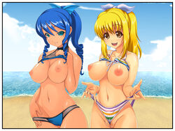 2girls big_breasts bikini blue_hair blush breasts cameltoe dark_skin female female_only large_breasts multiple_girls nipples onigiri_(ocelot) pussy smile swimsuit