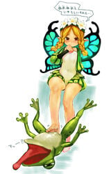 blonde_hair erect_nipples fairy feet footjob frog highres mercedes_(odin_sphere) odin_sphere one_shoe oohara_kyuutarou red_eyes see-through single_shoe translated translation_request wings zoophilia