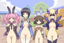 4girls animal_ears animated areolae bangs black_gloves black_hair black_legwear black_sleeves blindfold blonde_hair blue_sky blunt_bangs blush bottomless breasts bunny_ears castle character_request cleavage closed_eyes closed_mouth cloud collarbone day detached_sleeves elbow_gloves erect_nipples eyebrows_visible_through_hair fantasy_earth_zero female female_only female_with_female functionally_nude functionally_nude_female gloves henshitai_(user_cuvp2733) huge_breasts jump_cycle jumping large_breasts line_up long_hair long_sleeves looking_at_viewer medium_breasts multiple_girls navel nipples open_mouth outdoors pink_hair pussy sky small_breasts smile standing thighhighs twintails uncensored waving white_legwear wide_hips