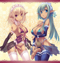 2girls bikini blonde_hair blue_eyes bow breasts color dark_skin detached_sleeves elbow_gloves elf erect_nipples foreskin futanari garter_belt garters gloves green_hair half-erect intersex large_breasts large_penis legwear long_hair multiple_girls navel original penis pointy_ears see-through semi-erect shimakaze soundz_of_bell stockings swimsuit thighhighs uncensored yellow_eyes