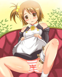 brown_eyes brown_hair cameltoe detached_sleeves dream_c_club footwear garters hair_cubes hair_ornament money panties pussy_juice setsu_(dream_c_club) shiina_you_(tomoshibi) side_ponytail skirt skirt_lift socks striped striped_panties tomo_shibi underwear wet_panties