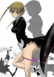 ass blonde_hair boots breasts clothing highres legs maka_albarn mini miniskirt open_mouth panties panty_pull pink pink_panties shadow shinigami_sama skirt soul_eater tied_hair twintails