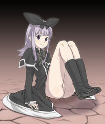 bow clothing coopa druaga_no_tou hair_ribbon legs no_panties no_pussy novagina poporon purple_eyes purple_hair ribbon sitting smile