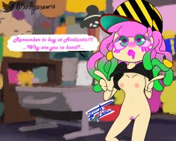 1girls black_shirt blush blush_lines breasts breasts_out dialogue english_text exposed_breasts exposing_breasts exposing_pussy female green_eyes green_hair harmony_(splatoon) light-skinned_female light_skin nintendo pink_hair pink_nipples pink_text pubic_hair purple_eyes pussy self_upload showing_breasts showing_pussy sir_apasaurio splatoon splatoon_(series) splatoon_2 splatoon_3 text twitter_logo twitter_username vagina