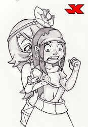 2girls amalia ankama breast_grab breasts clothing elaine_narrowsmith female female_only fondling from_behind jk long_hair monochrome multiple_girls sadida shirt shirt_lift sketch skirt wakfu wide_eyed yuri