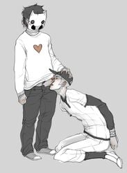 2boys arms_behind_back artist_request baseball_uniform digital_media_(artwork) first_porn_of_franchise fully_clothed gay hand_on_head licking_penis male male_only mask monochrome off_(game) oral penis source_request standing suck_him_dry sweater the_batter yaoi zacharie