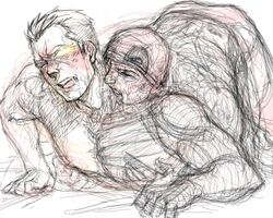 2boys bite blush cable_(x-men) deadpool doggy_style drool gay glowing_eyes male male_nipples male_only marvel mask monochrome nathan_summers nipple_tweak pec_grab pecs sketch wade_wilson white_hair x-force x-men yaoi