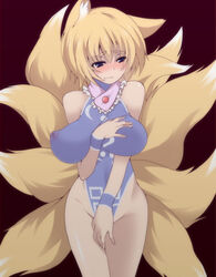 animal_ears blonde_hair blue_eyes blush bodypaint breast_hold breasts covering covering_crotch curvy detached_collar embarrassed female female_only fox_ears fox_tail horny inverted_nipples kabun_(suzuna_jct) kyuubi large_breasts multiple_tails nipples no_hat no_headwear painted_clothes ran_yakumo short_hair shy simple_background solo tail touhou