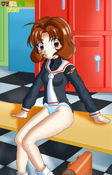 1girls 2010 breasts brown_hair cardcaptor_sakura cesaru33 clothing female female_only human indoors light-skinned_female light_skin long_hair looking_at_viewer panties rika_sasaki school_uniform sitting small_breasts solo tagme