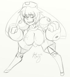 artist_name artist_request black_and_white blush breasts female marina_liteyears mischief_makers one_eye_closed robot sketch smile solo tagme wink