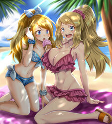 2girls aged_up alternate_breast_size alternate_costume alternate_hairstyle bare_shoulders beach belly big_breasts bikini blonde_hair blush breast_size_difference breasts cleavage clouds day eyelashes feet female female_only food human human_only ice_cream kneeling korrina_(pokemon) long_hair looking_at_viewer midriff navel nintendo older open_mouth open_toe_shoes palm_tree pokemon pokemon_xy ponytail ribbon sandals serena_(pokemon) sitting sky takecha toes tongue tree twins wariza water