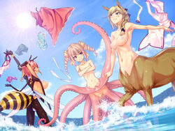 antennae beach bee bee_girl beige_skin breasts brown_fur centaur centauress clothing crossed_arms day dress dutch_angle equine fangs female female_only fur insect interspecies monster_girl multi_leg multi_limb multiple_females nude octopus_girl open_eyes outdoors pink_skin raised_arms scylla seaside sei_monmusu_gakuen smile sun swimming swimsuit tan_skin taur tentacle undressing vanadis vivi_quinn_anaphylaxis water wings